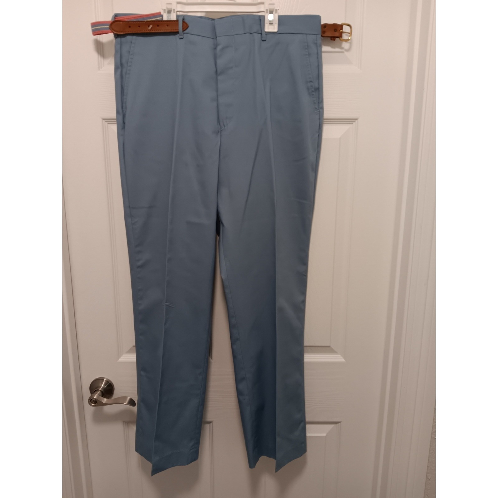 Vintage 70s Cheetah Leisure Slacks Mens 36x30 Powder Blue Pants W/ Belt Deadtock